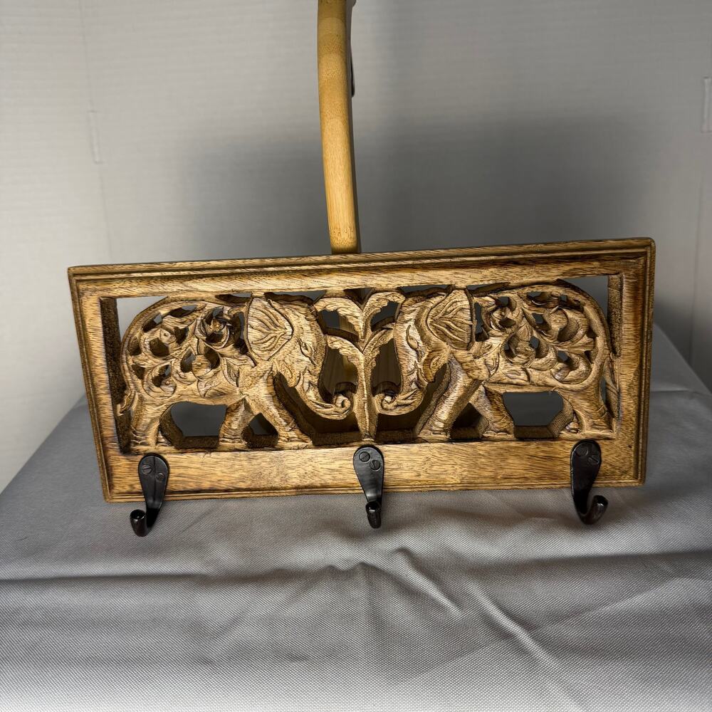 Hand Carved Mango Wood Elephant Wall‎ Hook Rack 3 Hooks India Folk Art Good Luck